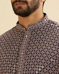 Manyavar Men Steel Grey Grid Patterned Sequinned Kurta Set