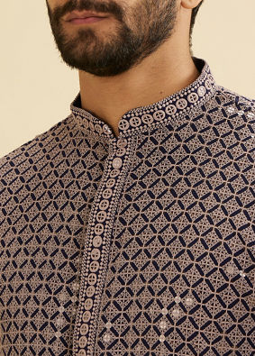 Manyavar Men Steel Grey Grid Patterned Sequinned Kurta Set image number 1