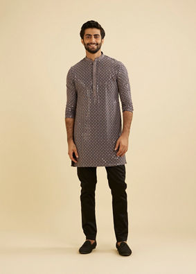 Manyavar Men Steel Grey Grid Patterned Sequinned Kurta Set image number 2