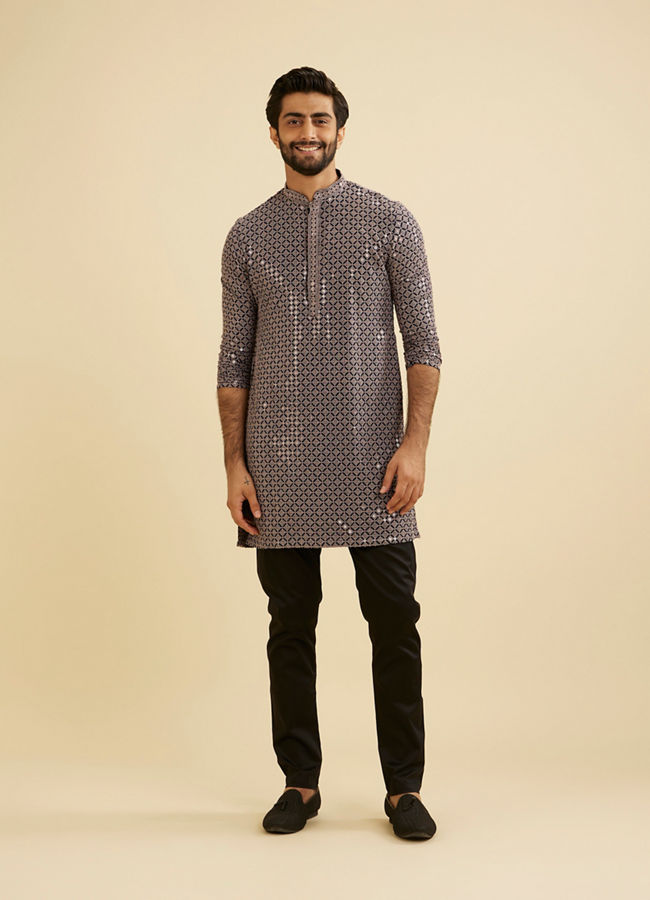 Manyavar Men Steel Grey Grid Patterned Sequinned Kurta Set