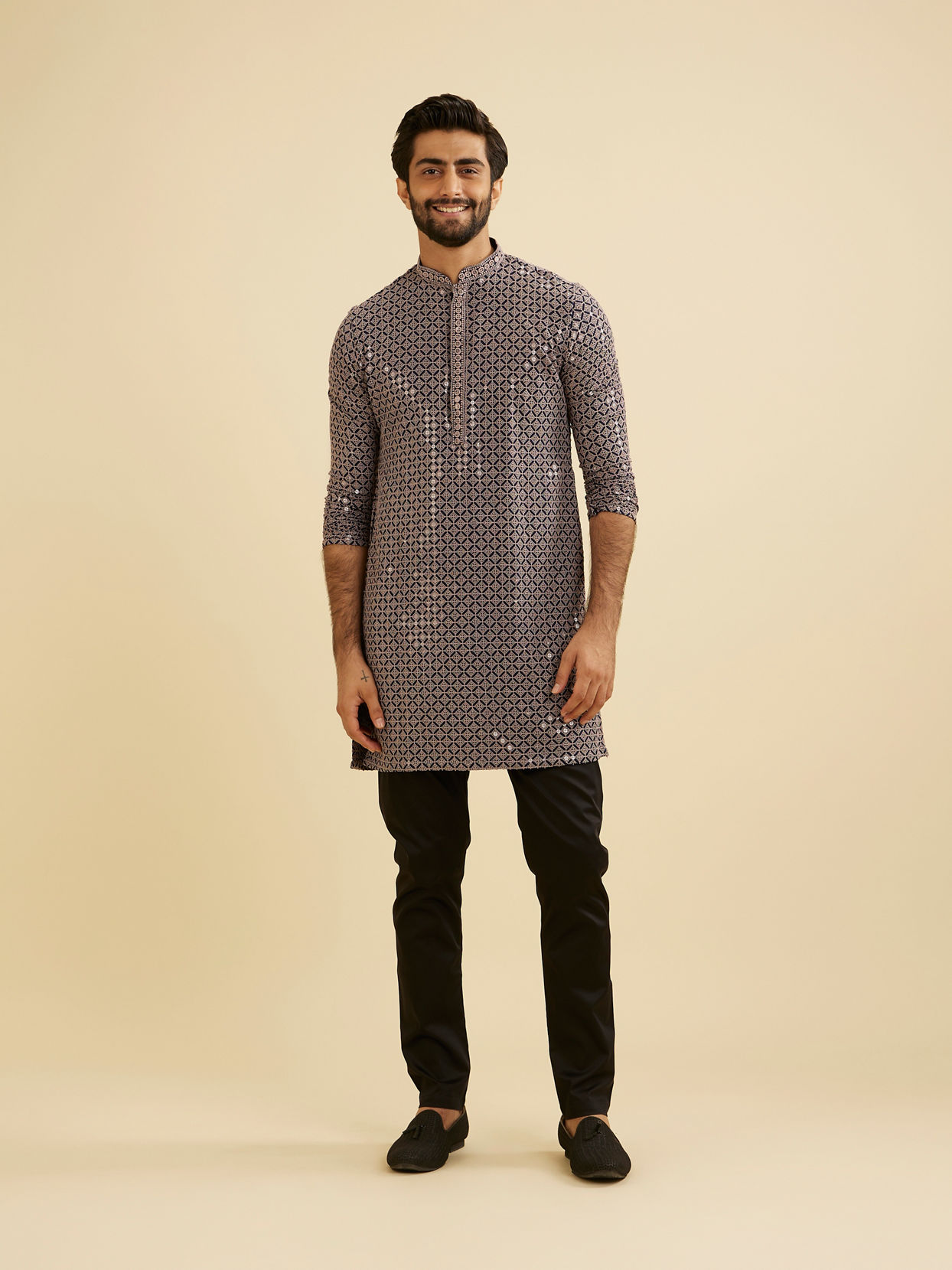 Manyavar Men Steel Grey Grid Patterned Sequinned Kurta Set