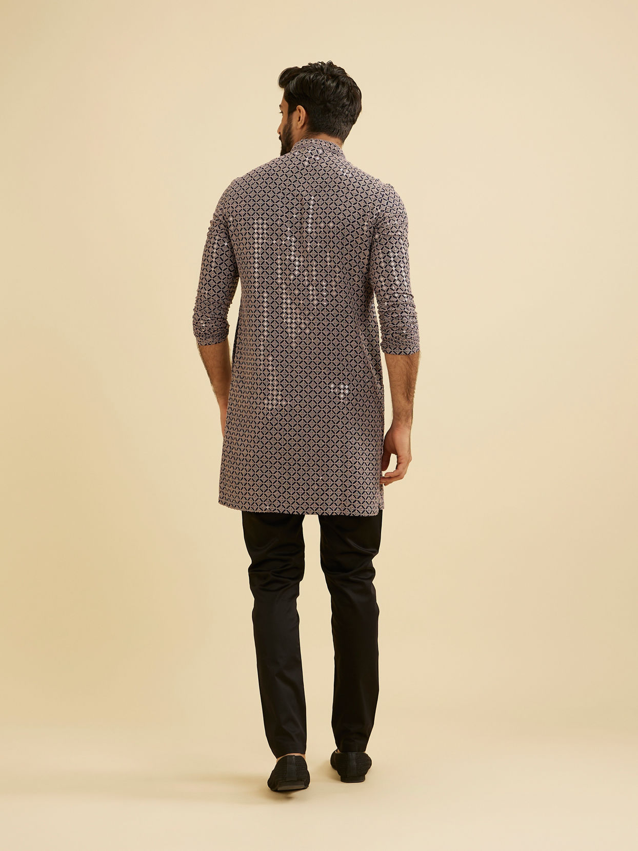 Manyavar Men Steel Grey Grid Patterned Sequinned Kurta Set