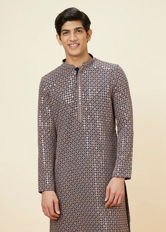 Manyavar Men Dove Grey Chikankari Sequined Kurta Set