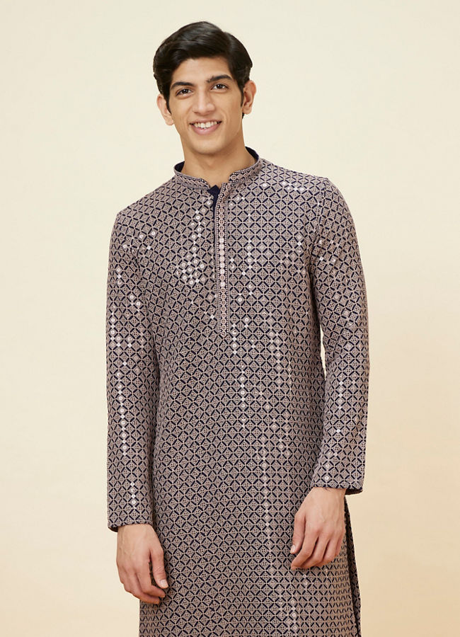 alt message - Manyavar Men Dove Grey Chikankari Sequined Kurta Set image number 0