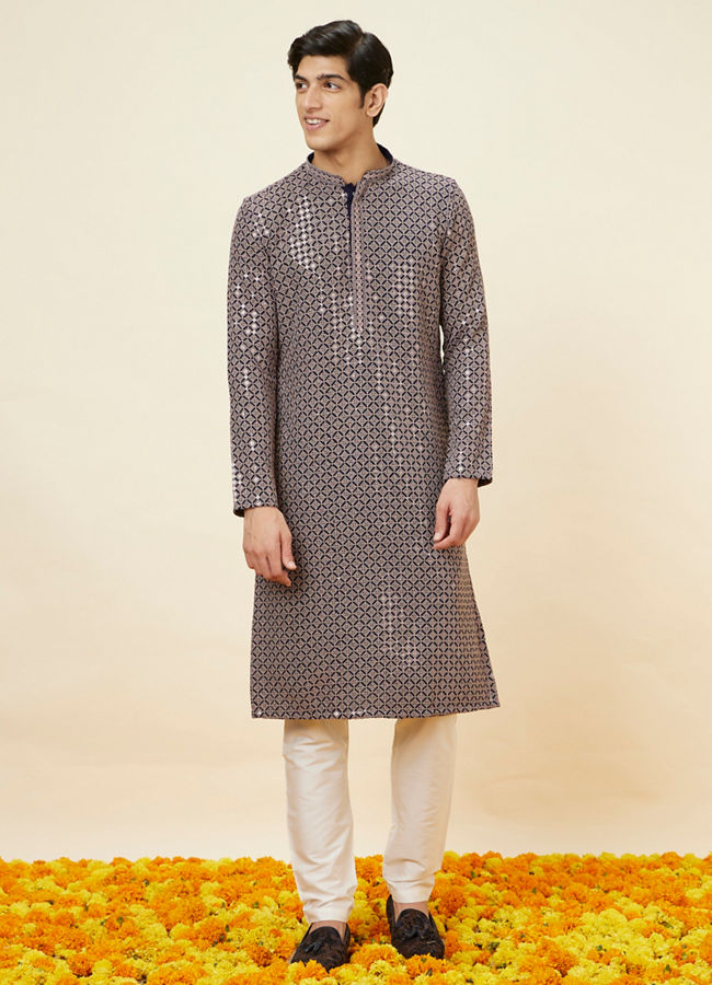 Manyavar Men Dove Grey Chikankari Sequined Kurta Set