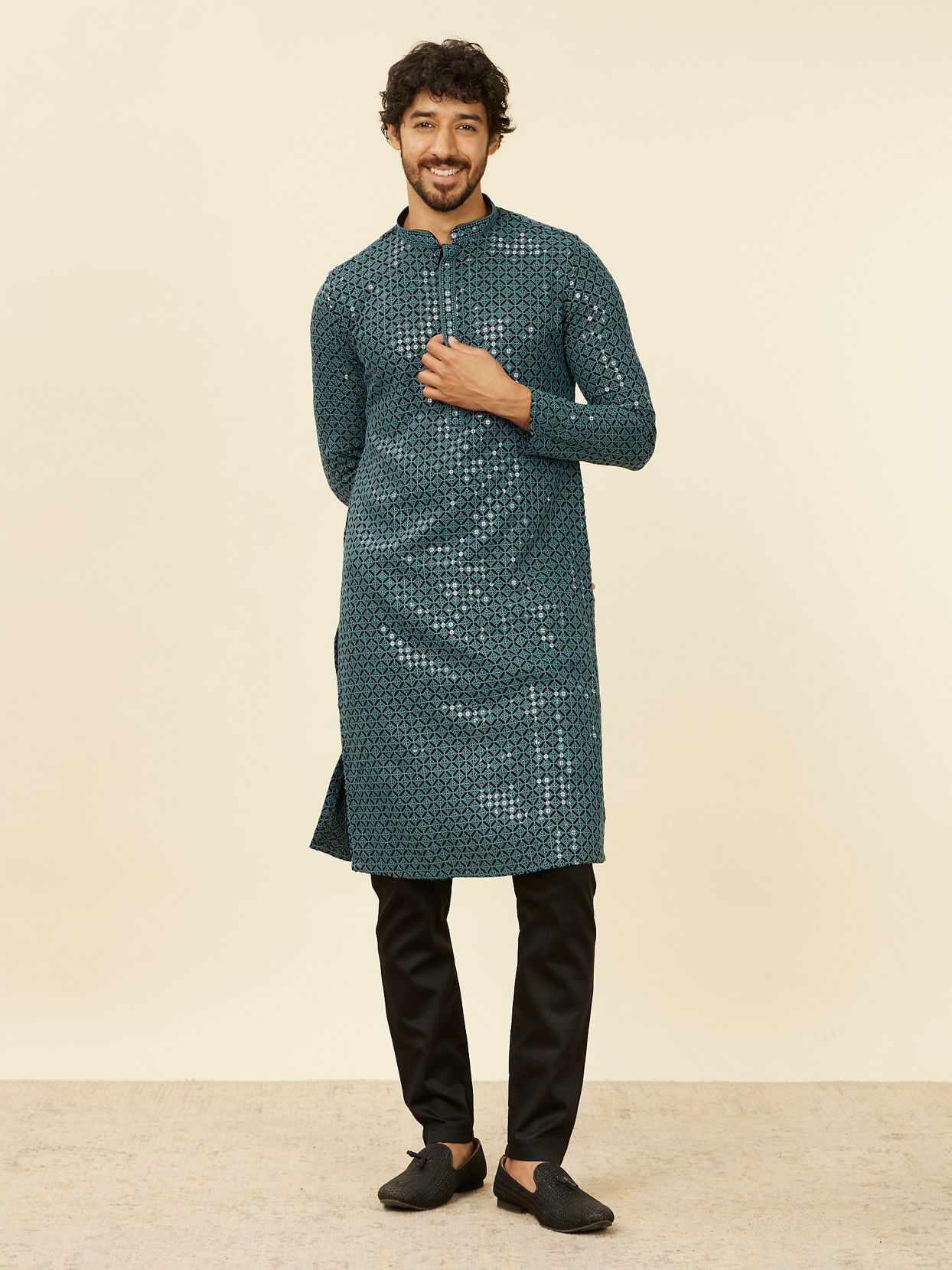 Manyavar Men Teal Blue Chikankari Kurta Set