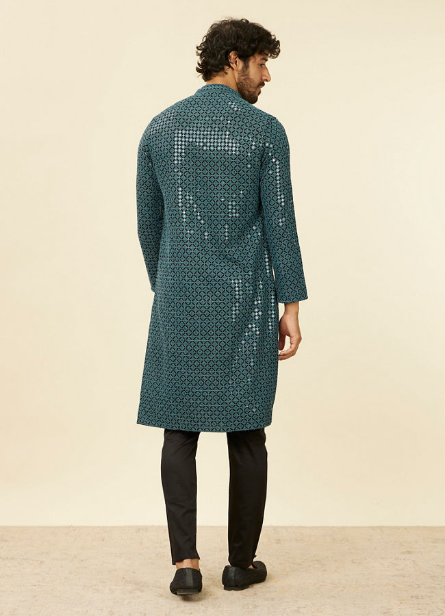 Manyavar Men Teal Blue Chikankari Kurta Set