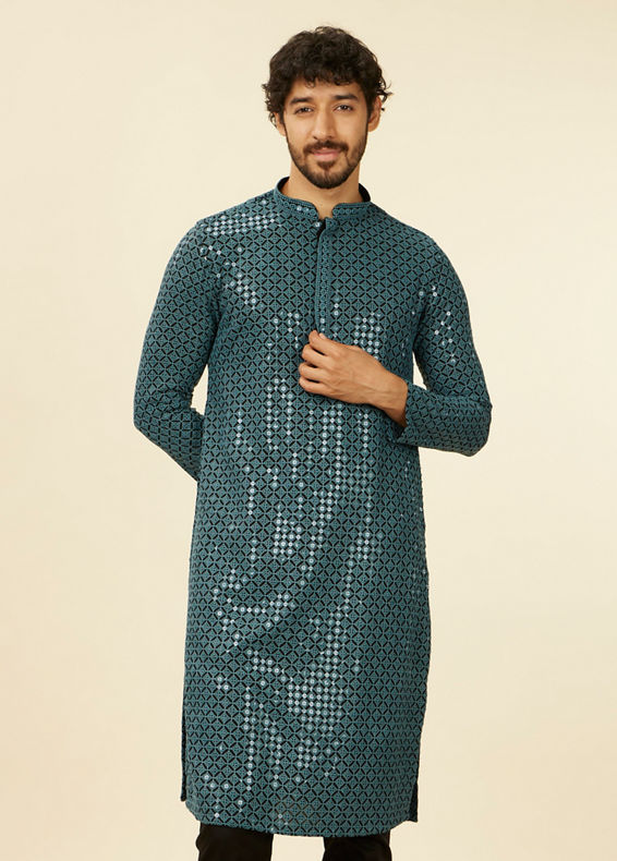 Manyavar Men Teal Blue Chikankari Kurta Set