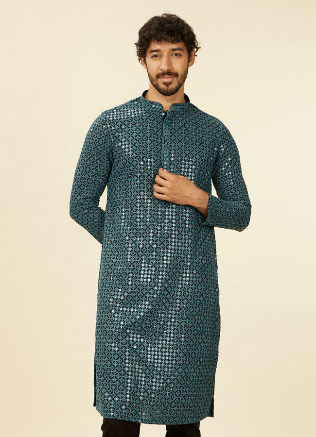 alt message - Manyavar Men Teal Blue Chikankari Kurta Set image number 0