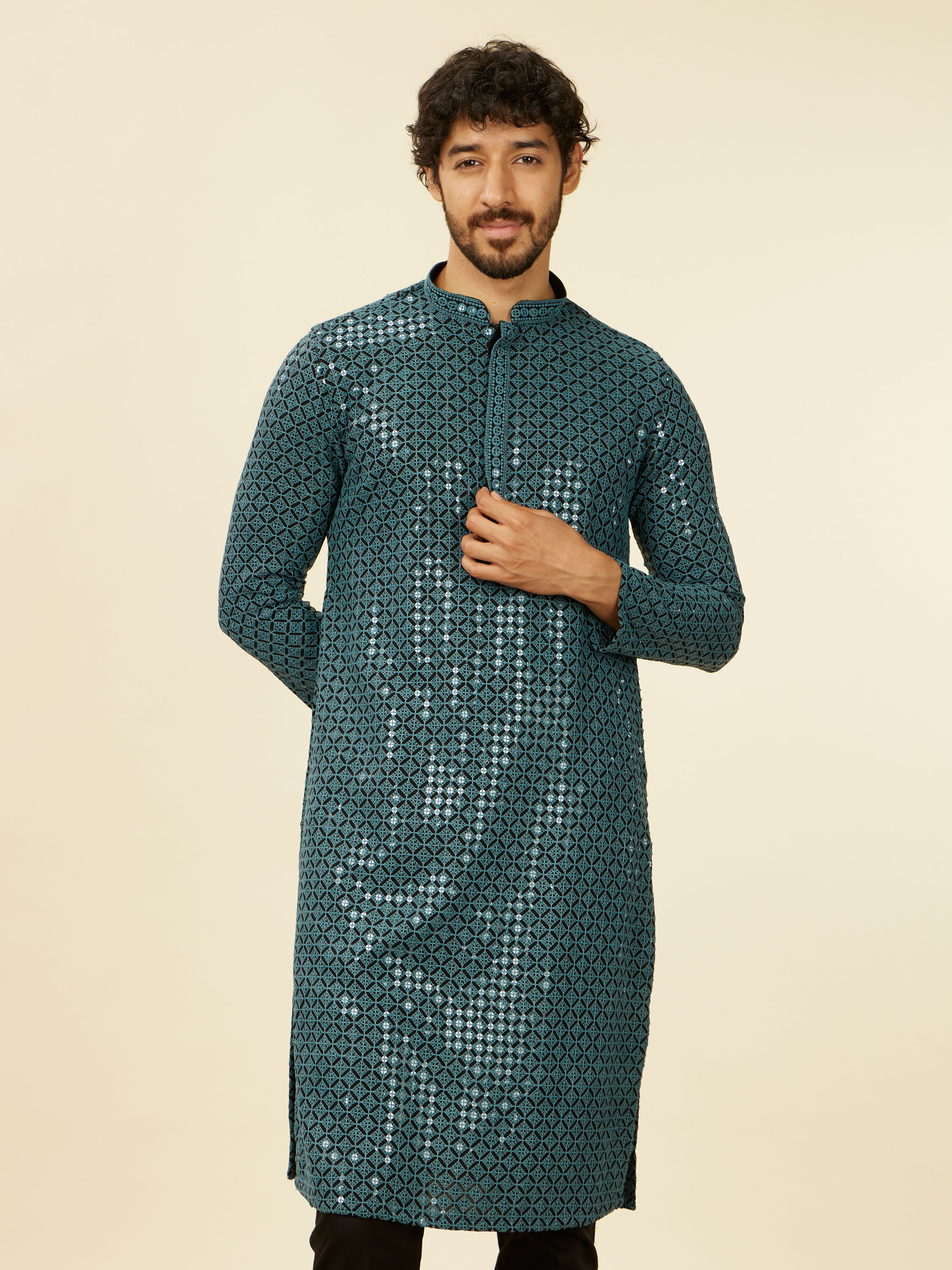 Manyavar Men Teal Blue Chikankari Kurta Set