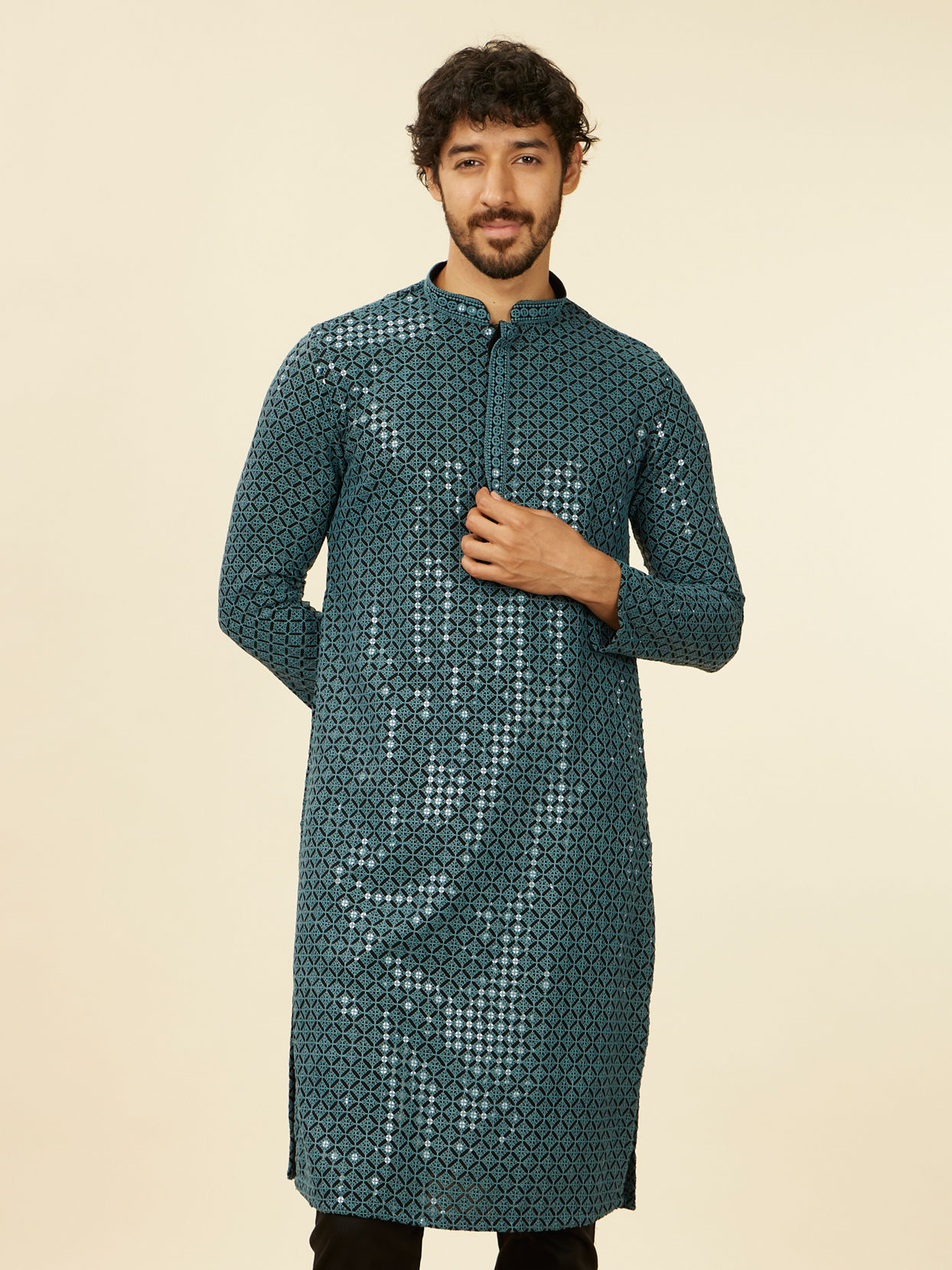 alt message - Manyavar Men Teal Blue Chikankari Kurta Set image number 0