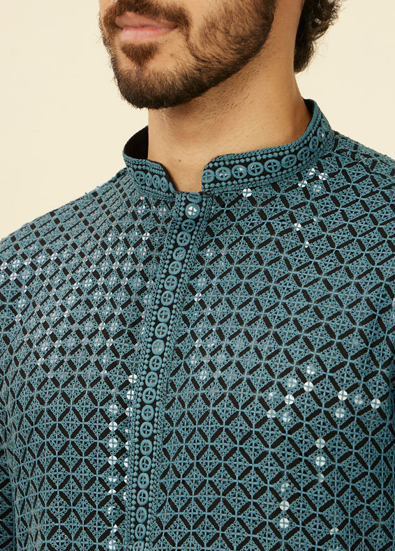 Manyavar Men Teal Blue Chikankari Kurta Set