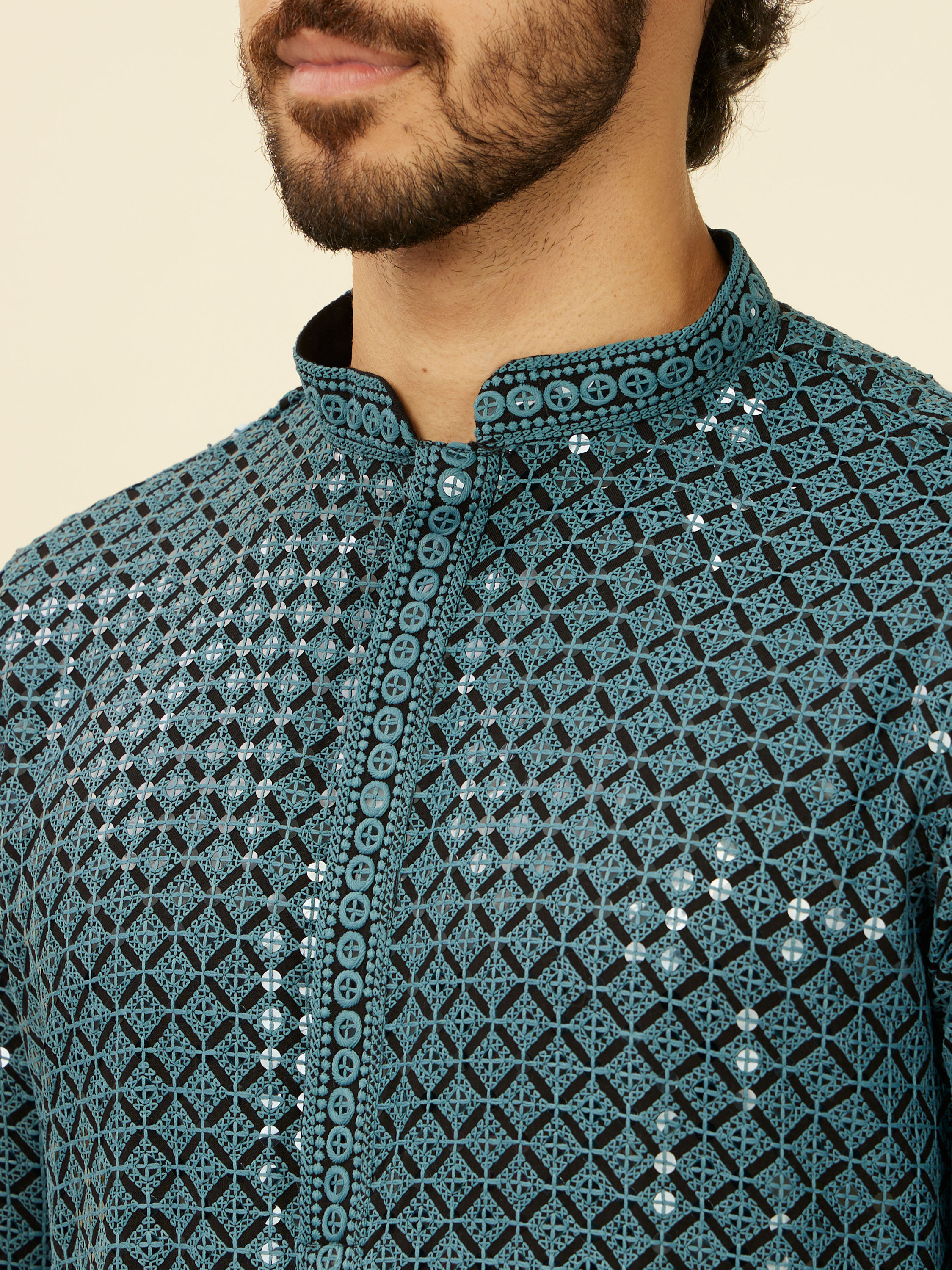 Manyavar Men Teal Blue Chikankari Kurta Set