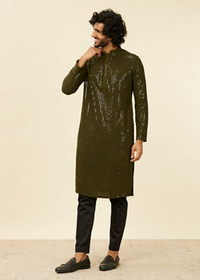 alt message - Manyavar Men Olive Green Chikankari Kurta Set image number 2