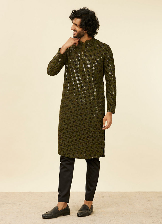 Manyavar Men Olive Green Chikankari Kurta Set