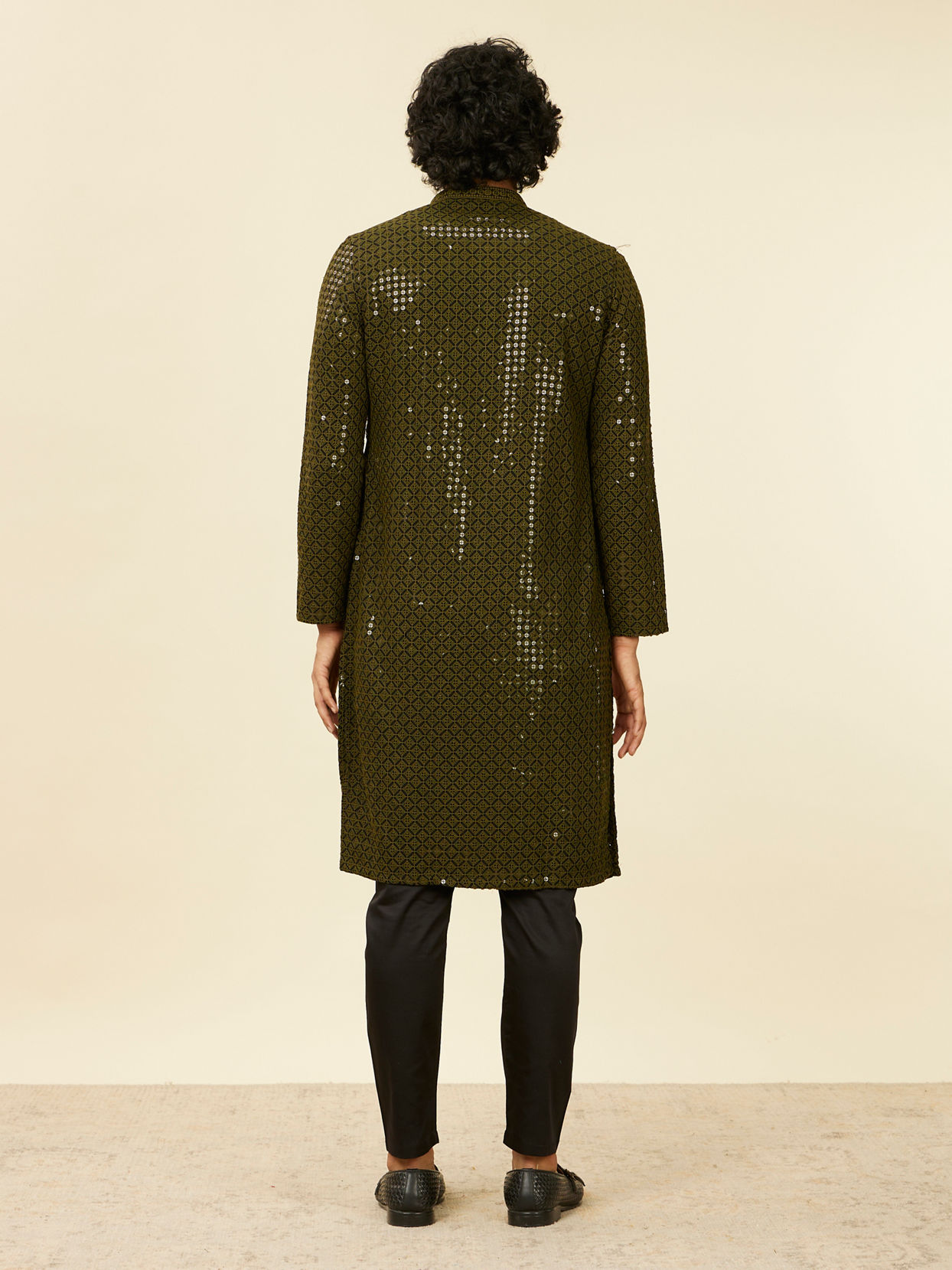 Manyavar Men Olive Green Chikankari Kurta Set