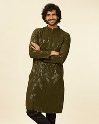 Manyavar Men Olive Green Chikankari Kurta Set