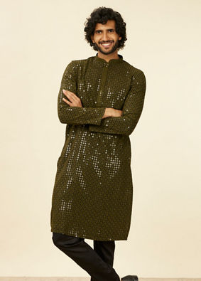 alt message - Manyavar Men Olive Green Chikankari Kurta Set image number 0