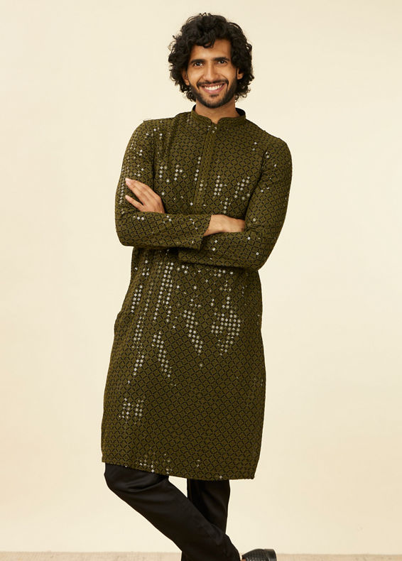 Manyavar Men Olive Green Chikankari Kurta Set
