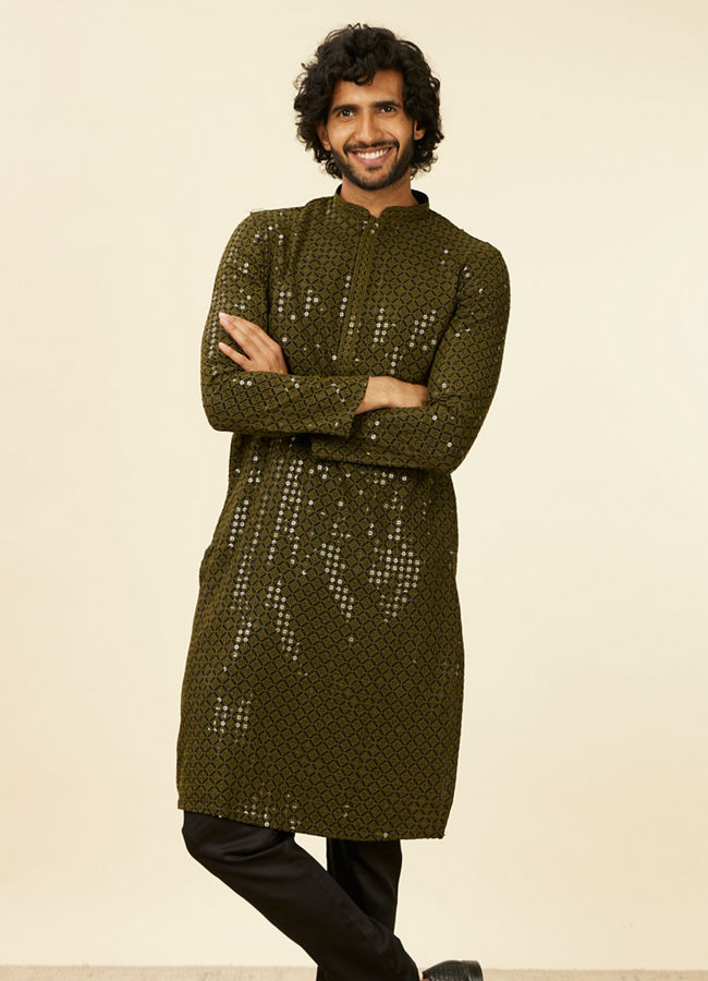 alt message - Manyavar Men Olive Green Chikankari Kurta Set image number 0