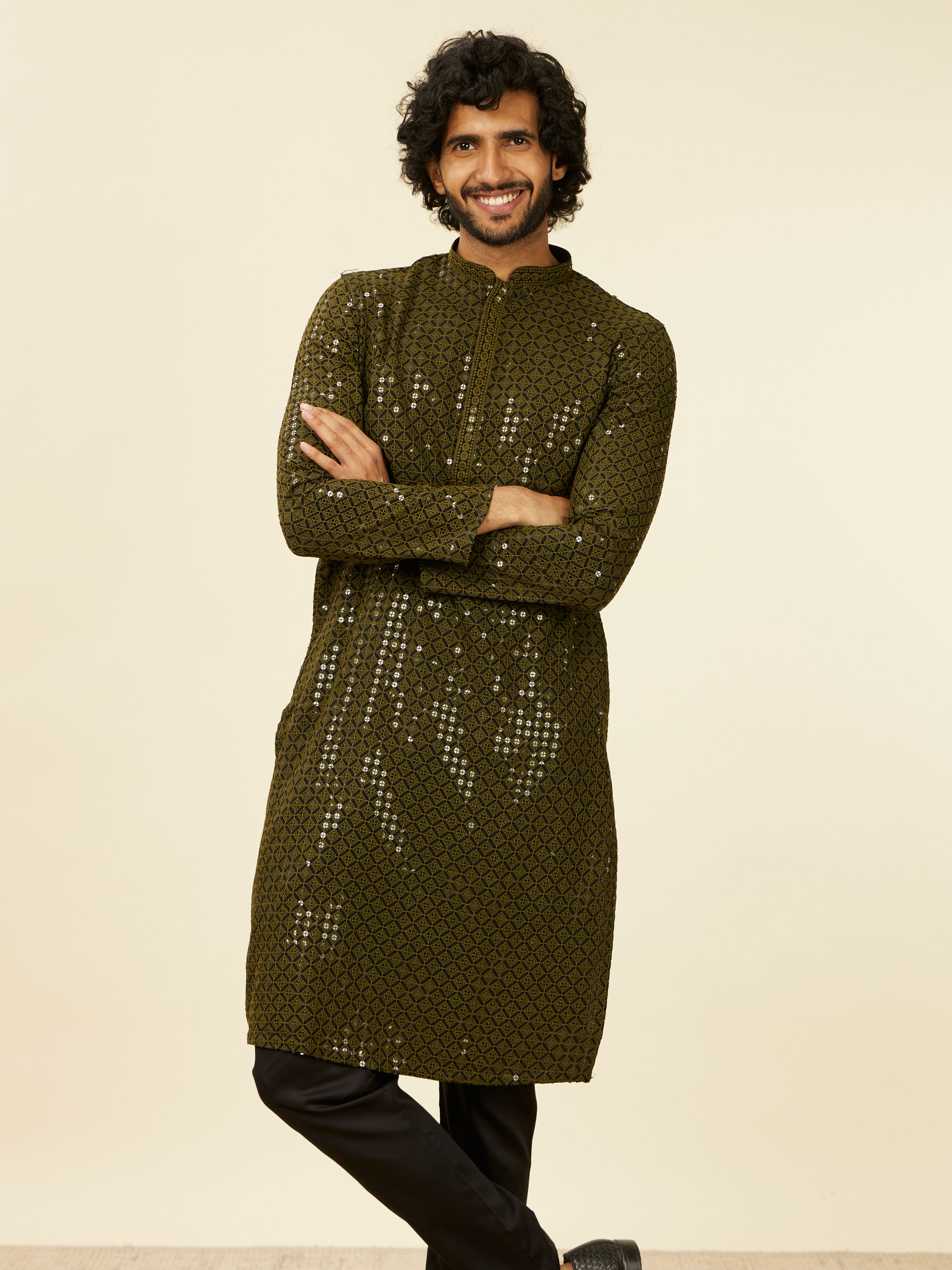 Manyavar Men Olive Green Chikankari Kurta Set