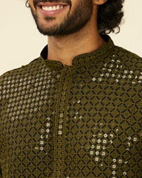 Manyavar Men Olive Green Chikankari Kurta Set