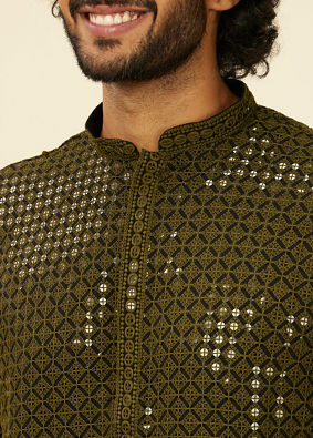 alt message - Manyavar Men Olive Green Chikankari Kurta Set image number 1