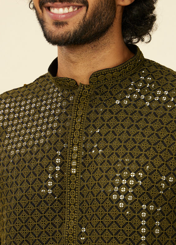 Manyavar Men Olive Green Chikankari Kurta Set