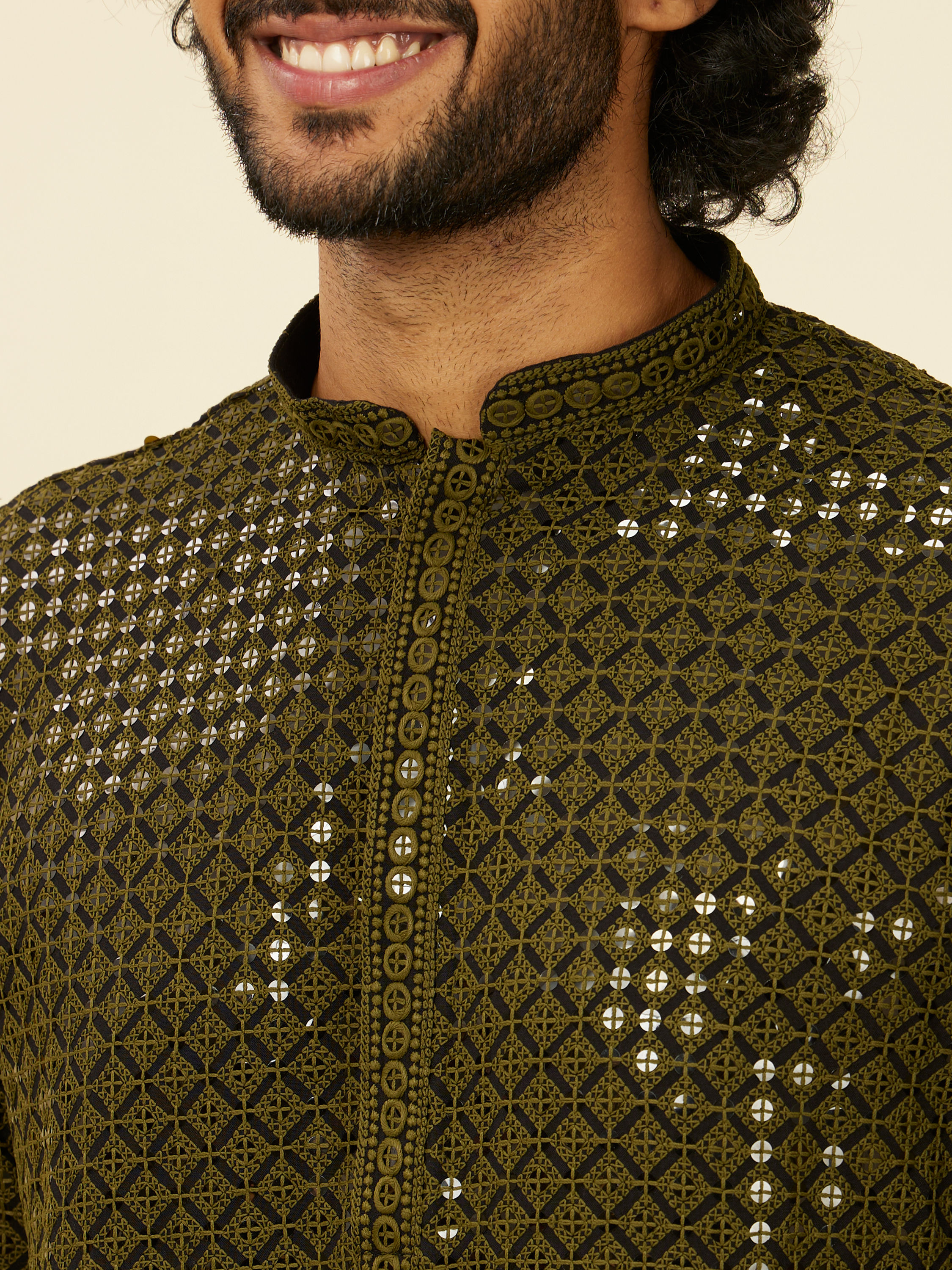 Manyavar Men Olive Green Chikankari Kurta Set