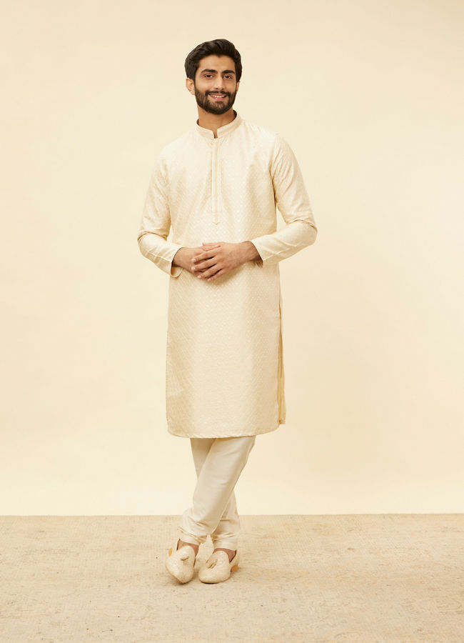 Manyavar Men Golden Beige Floral Jaal Patterned Kurta Set