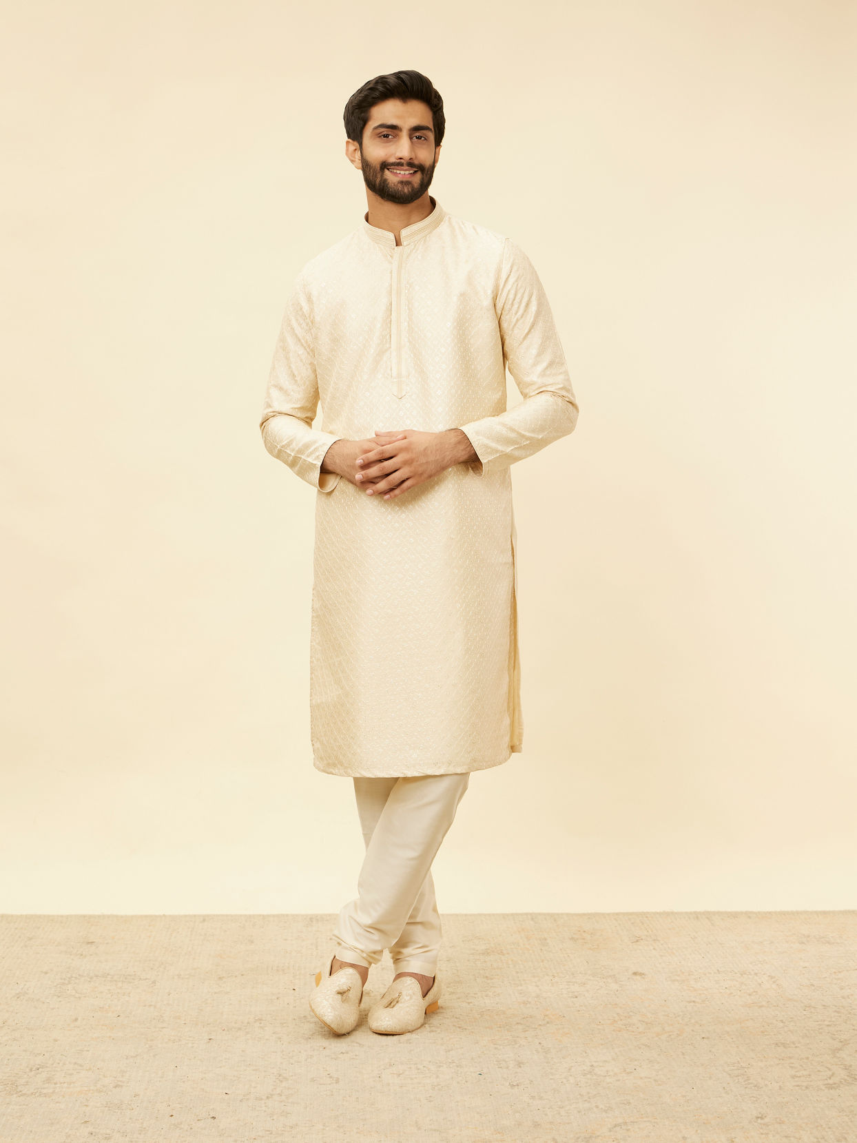 Manyavar Men Golden Beige Floral Jaal Patterned Kurta Set