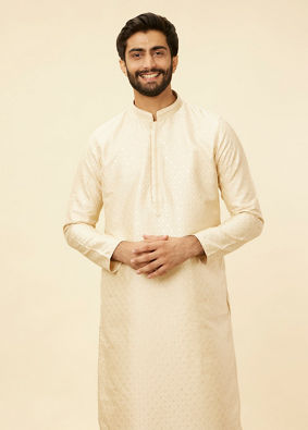 Manyavar Men Golden Beige Floral Jaal Patterned Kurta Set