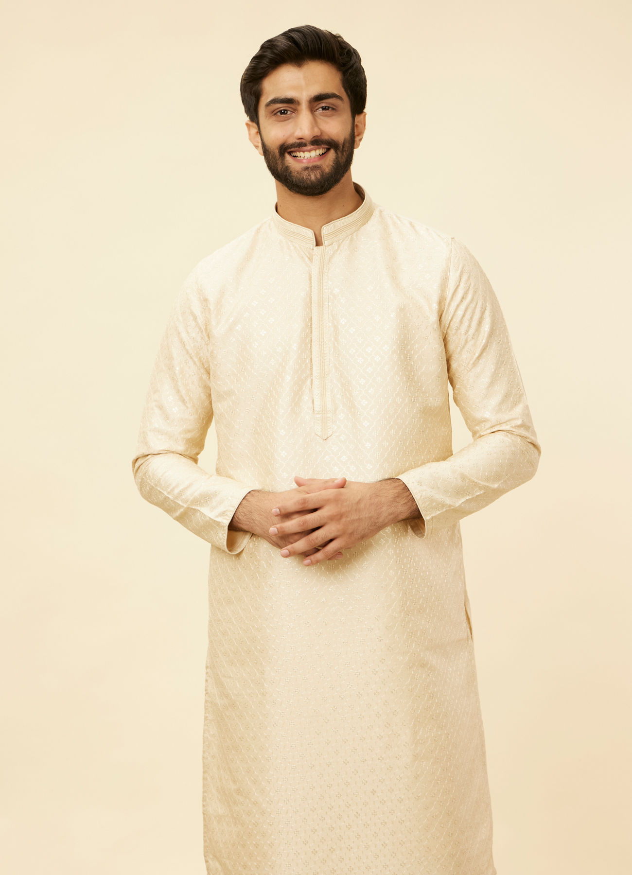 Manyavar Men Golden Beige Floral Jaal Patterned Kurta Set