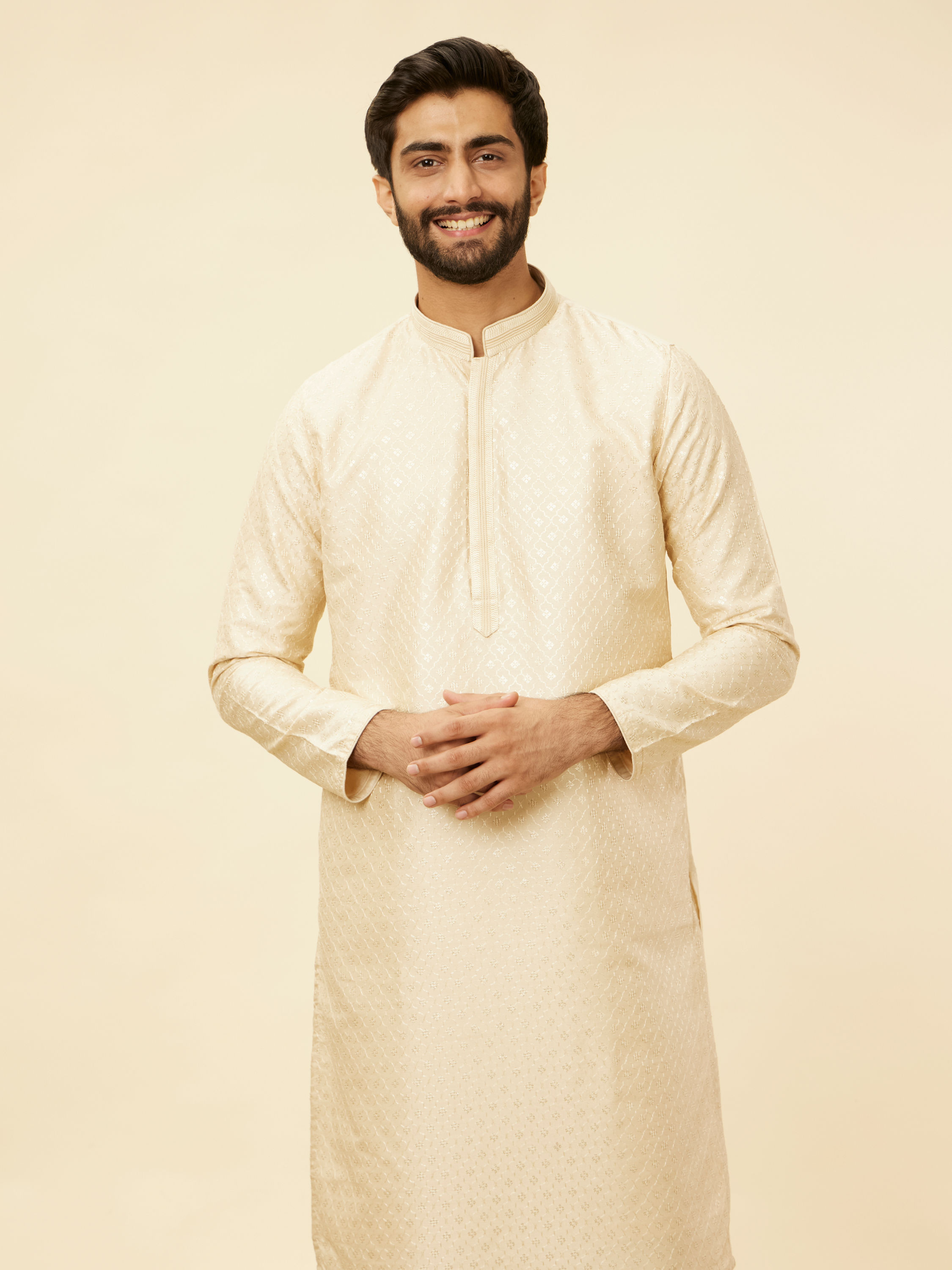 Manyavar Men Golden Beige Floral Jaal Patterned Kurta Set