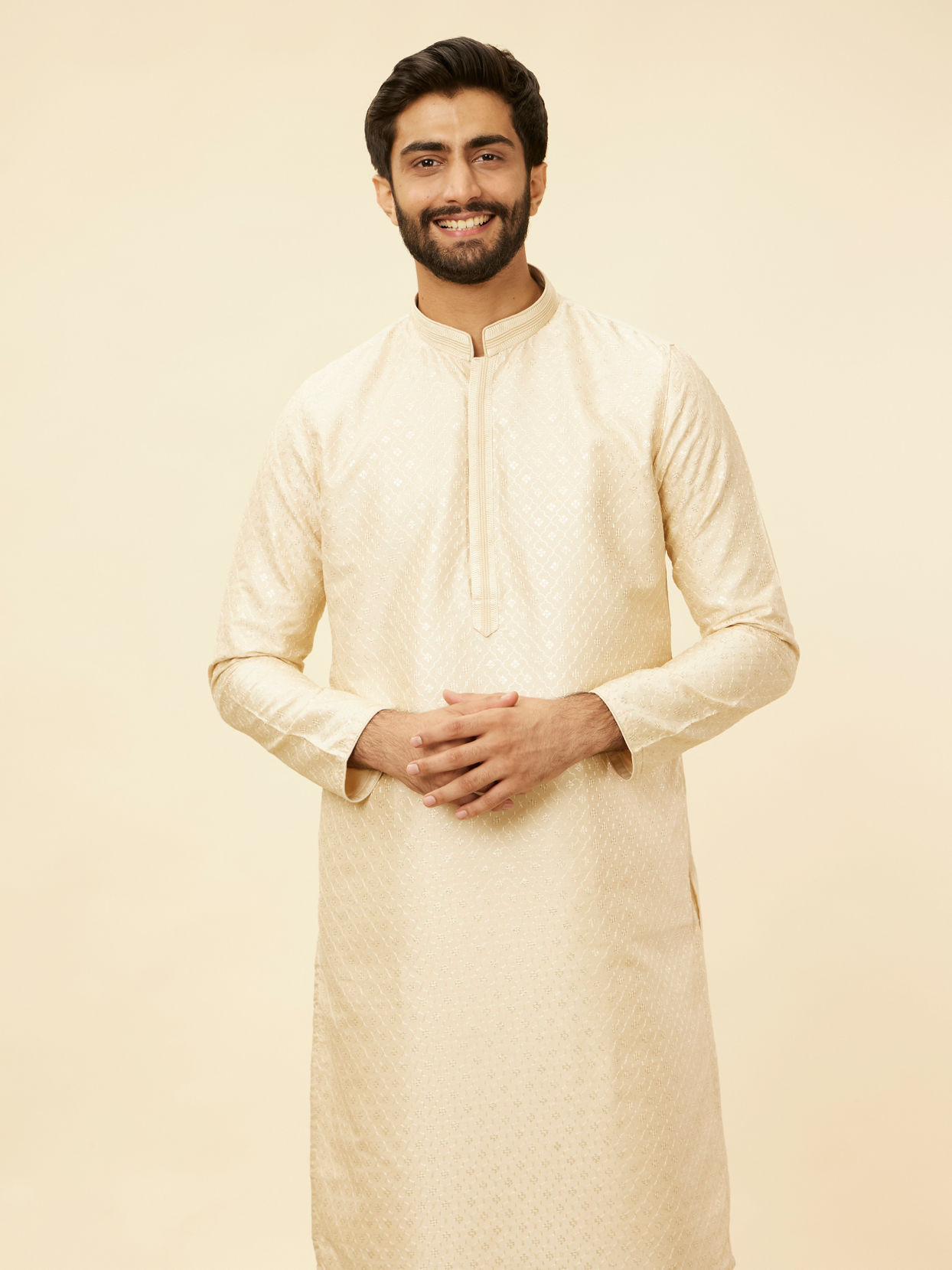 Manyavar Men Golden Beige Floral Jaal Patterned Kurta Set