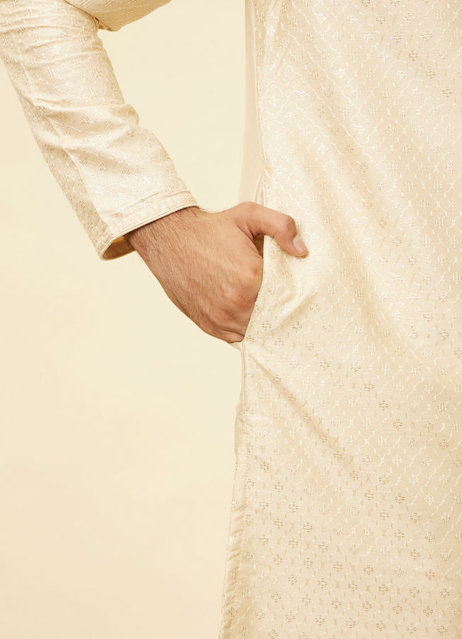 Manyavar Men Golden Beige Floral Jaal Patterned Kurta Set
