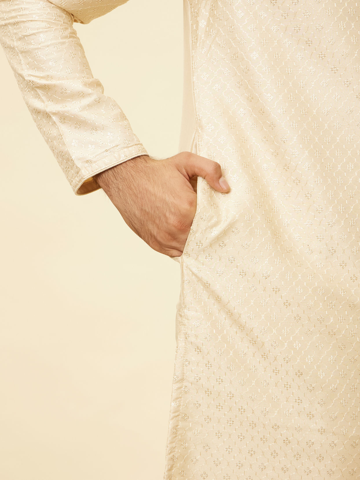 Manyavar Men Golden Beige Floral Jaal Patterned Kurta Set