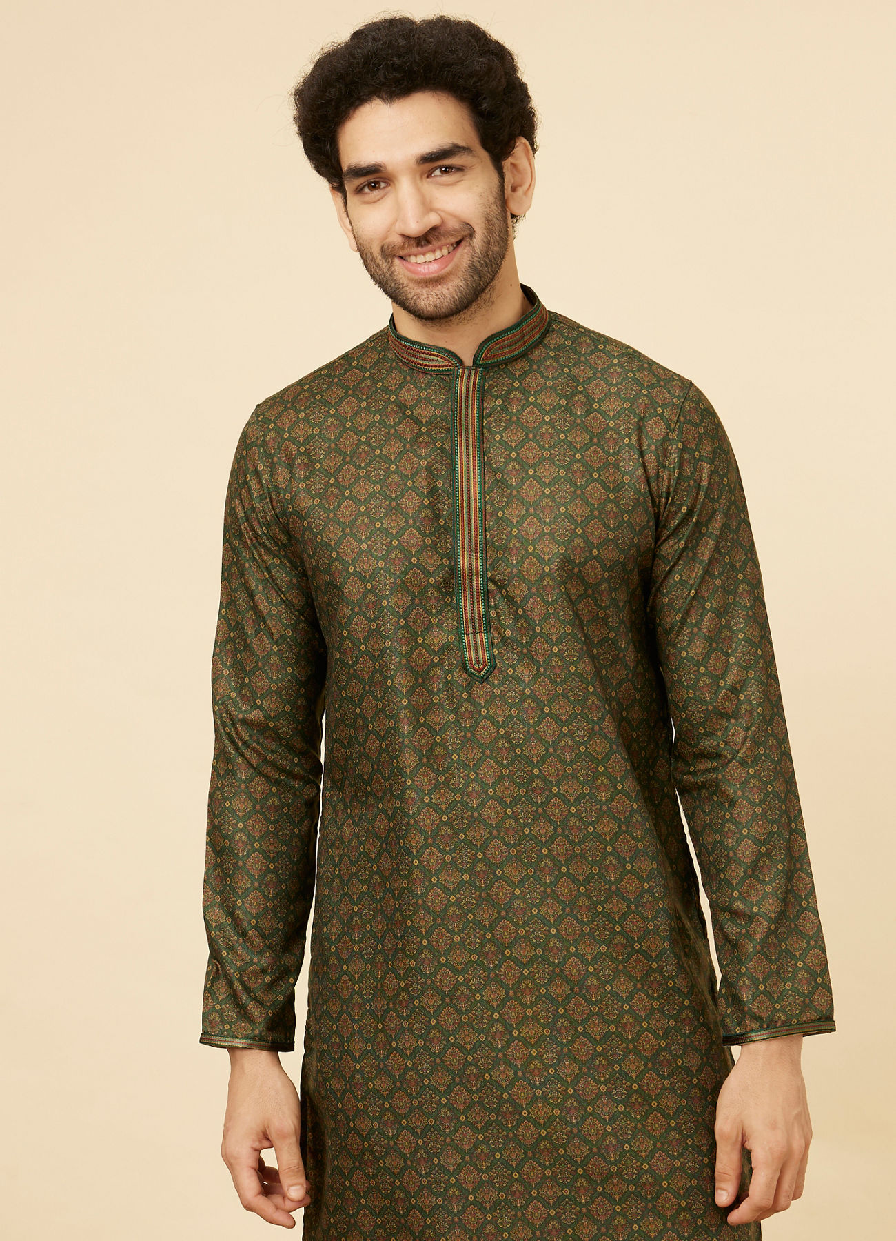 Manyavar Men Forest Green Floral Jaal Patterned Kurta Set