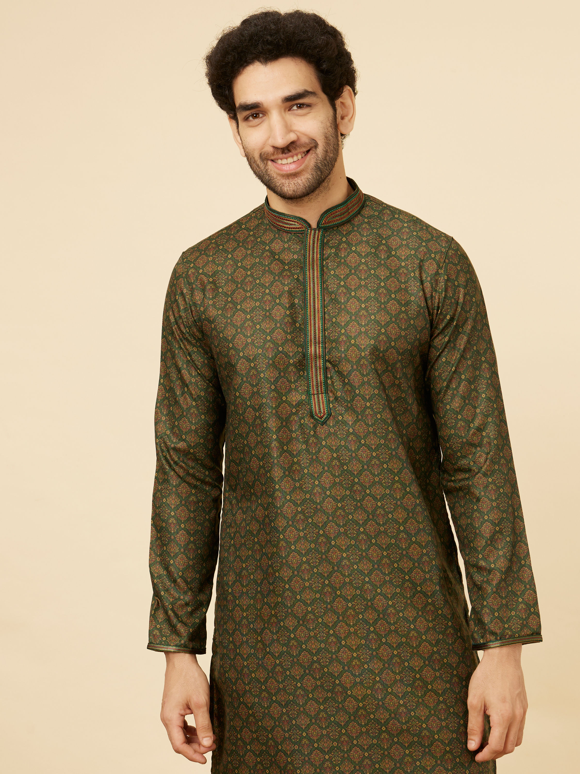 Manyavar Men Forest Green Floral Jaal Patterned Kurta Set