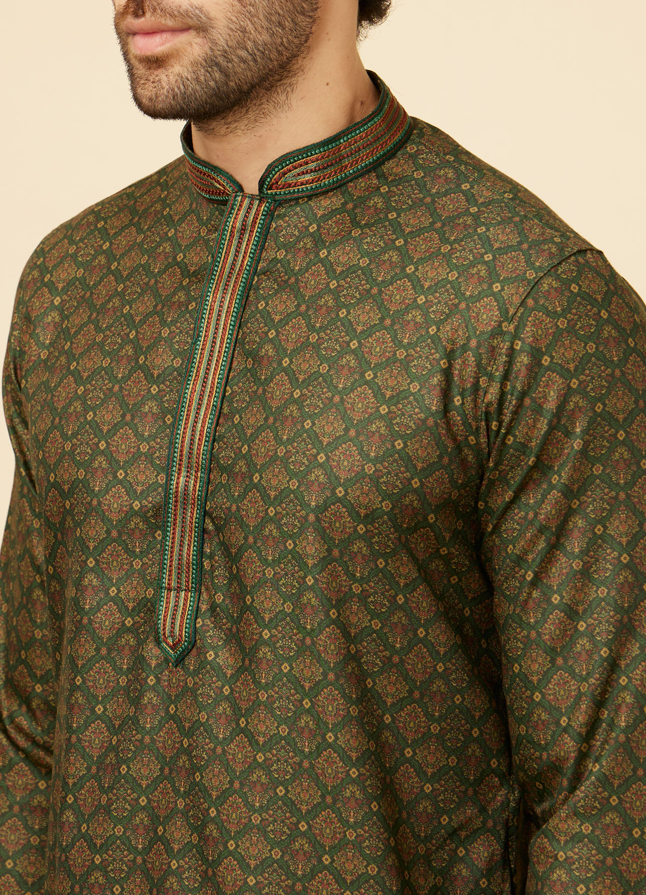 Manyavar Men Forest Green Floral Jaal Patterned Kurta Set