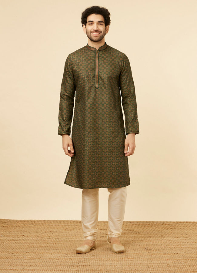 Manyavar Men Forest Green Floral Jaal Patterned Kurta Set