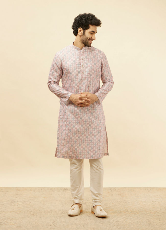 Manyavar Men Rose Pink Jhallar Print Kurta Set