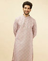 alt message - Manyavar Men Rose Pink Jhallar Print Kurta Set image number 0