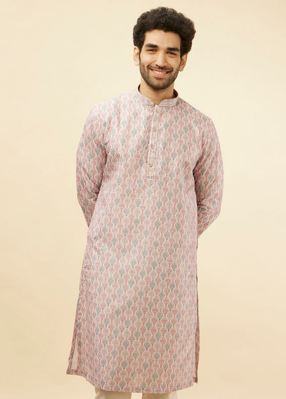 Manyavar Men Rose Pink Jhallar Print Kurta Set