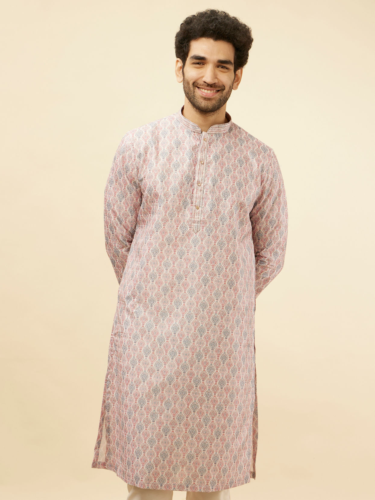 alt message - Manyavar Men Rose Pink Jhallar Print Kurta Set image number 0