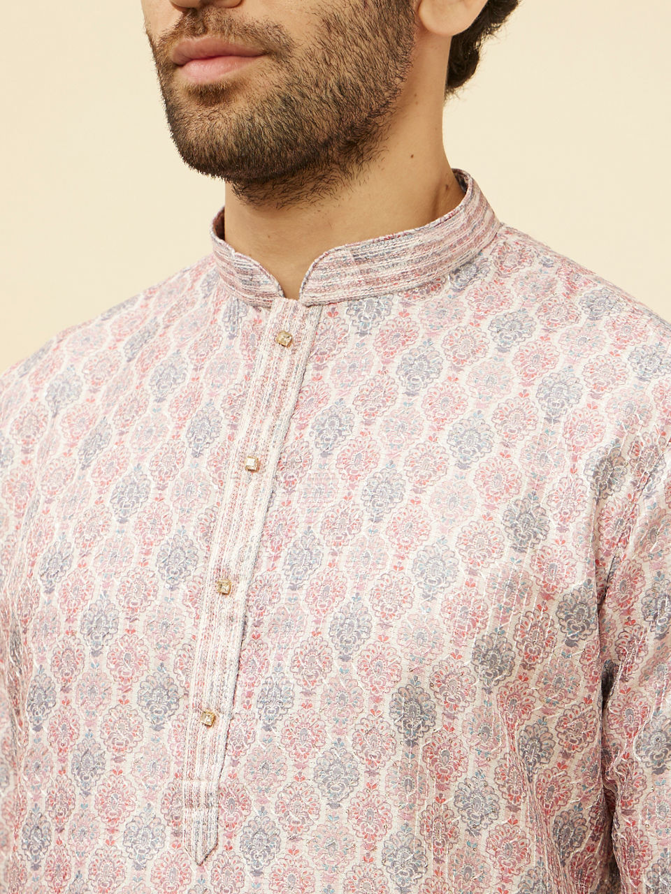 Manyavar Men Rose Pink Jhallar Print Kurta Set
