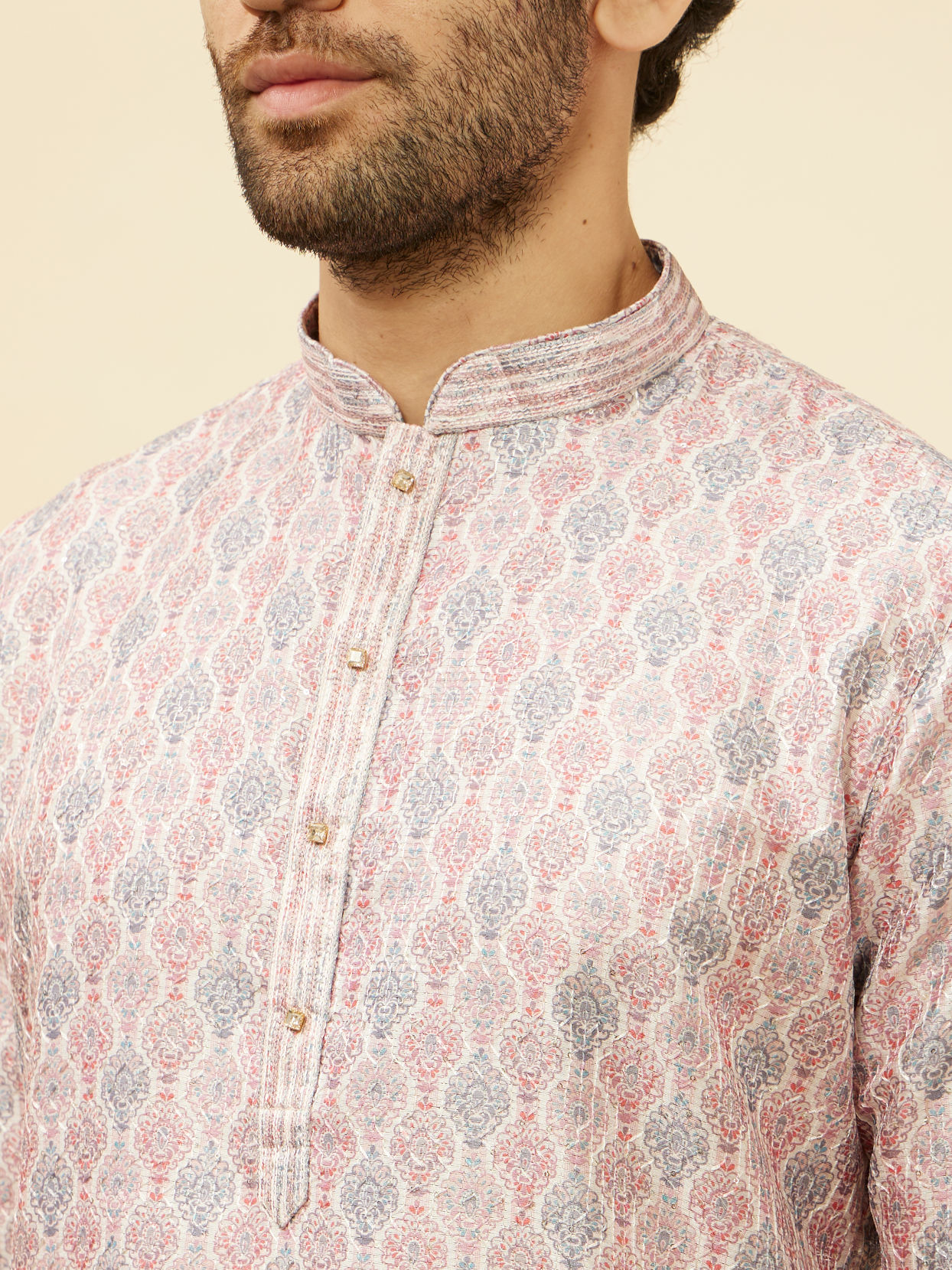 alt message - Manyavar Men Rose Pink Jhallar Print Kurta Set image number 1