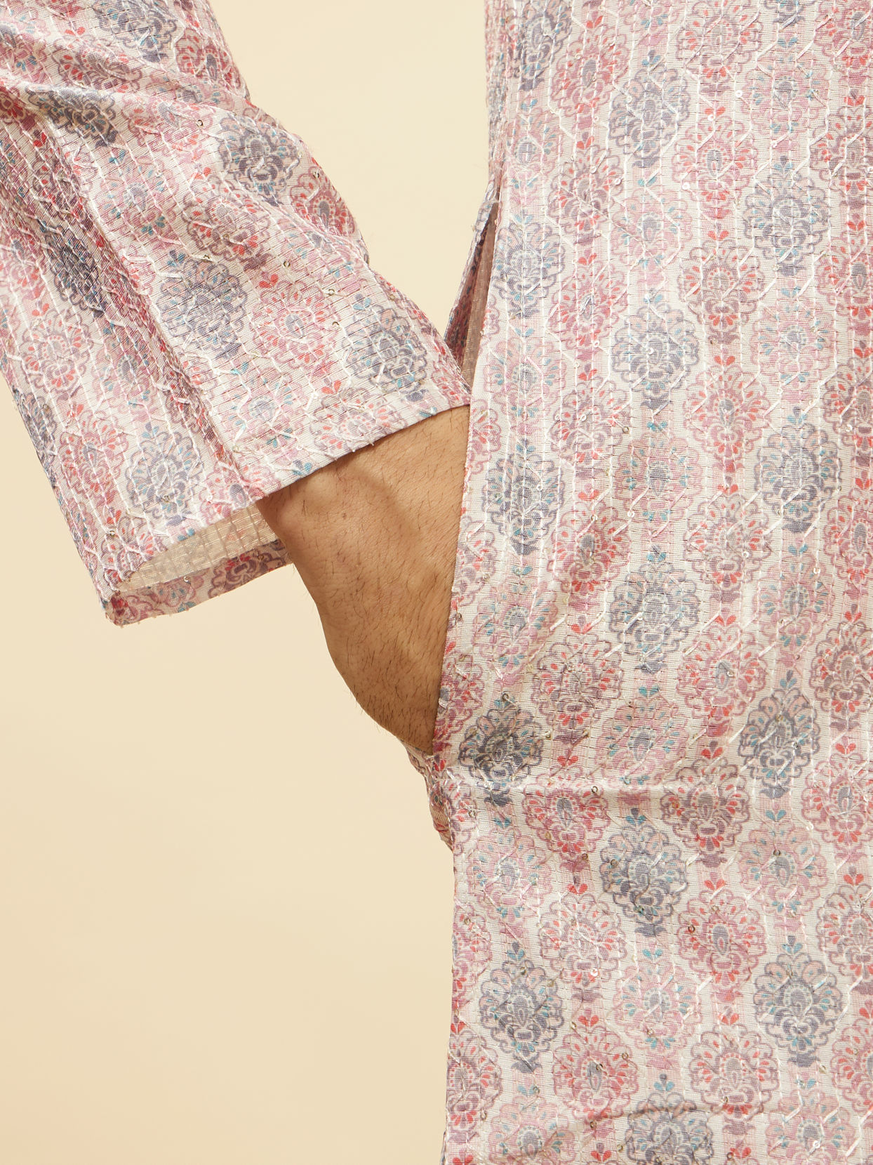 Manyavar Men Rose Pink Jhallar Print Kurta Set