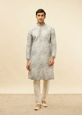 alt message - Manyavar Men Cloud Grey Abstract Print Foil Work Kurta Set image number 2