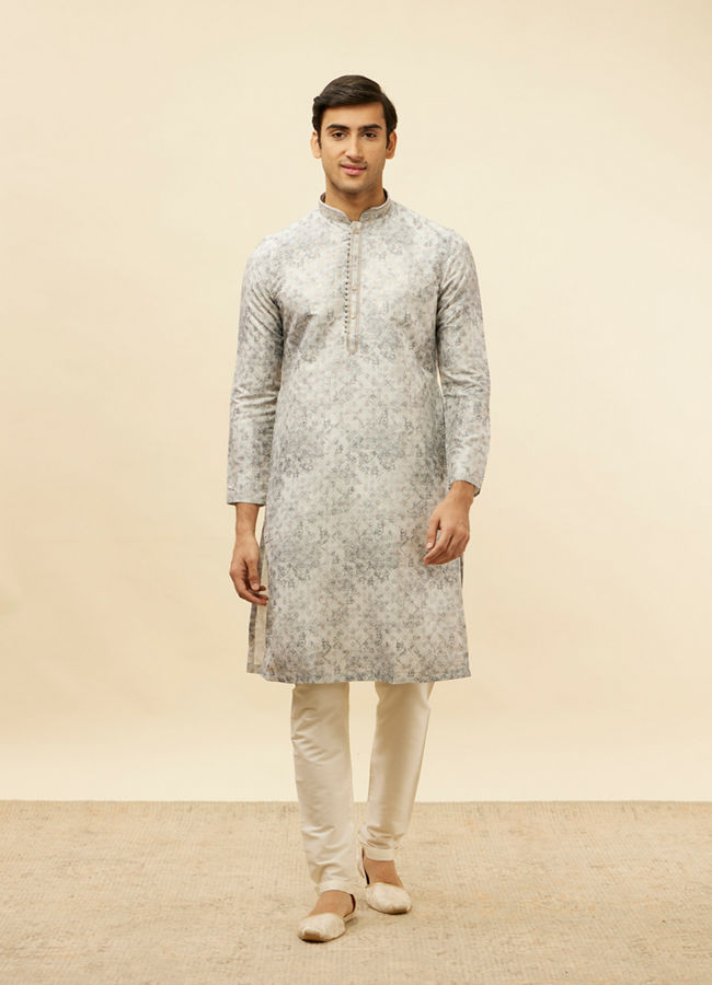 Manyavar Men Cloud Grey Abstract Print Foil Work Kurta Set